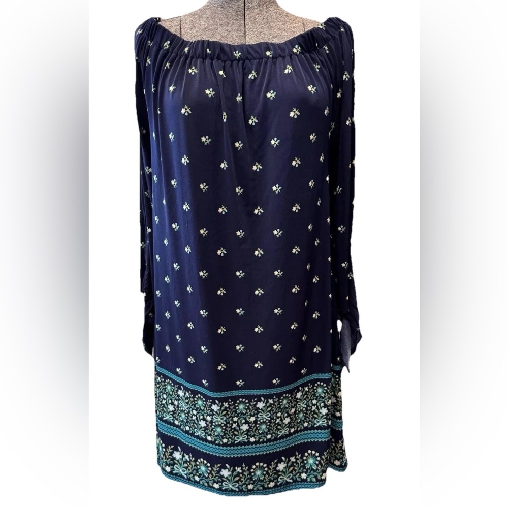 Tacera polyester elastic neck 3/4 sleeve‎ dark blue ladies dress size medium